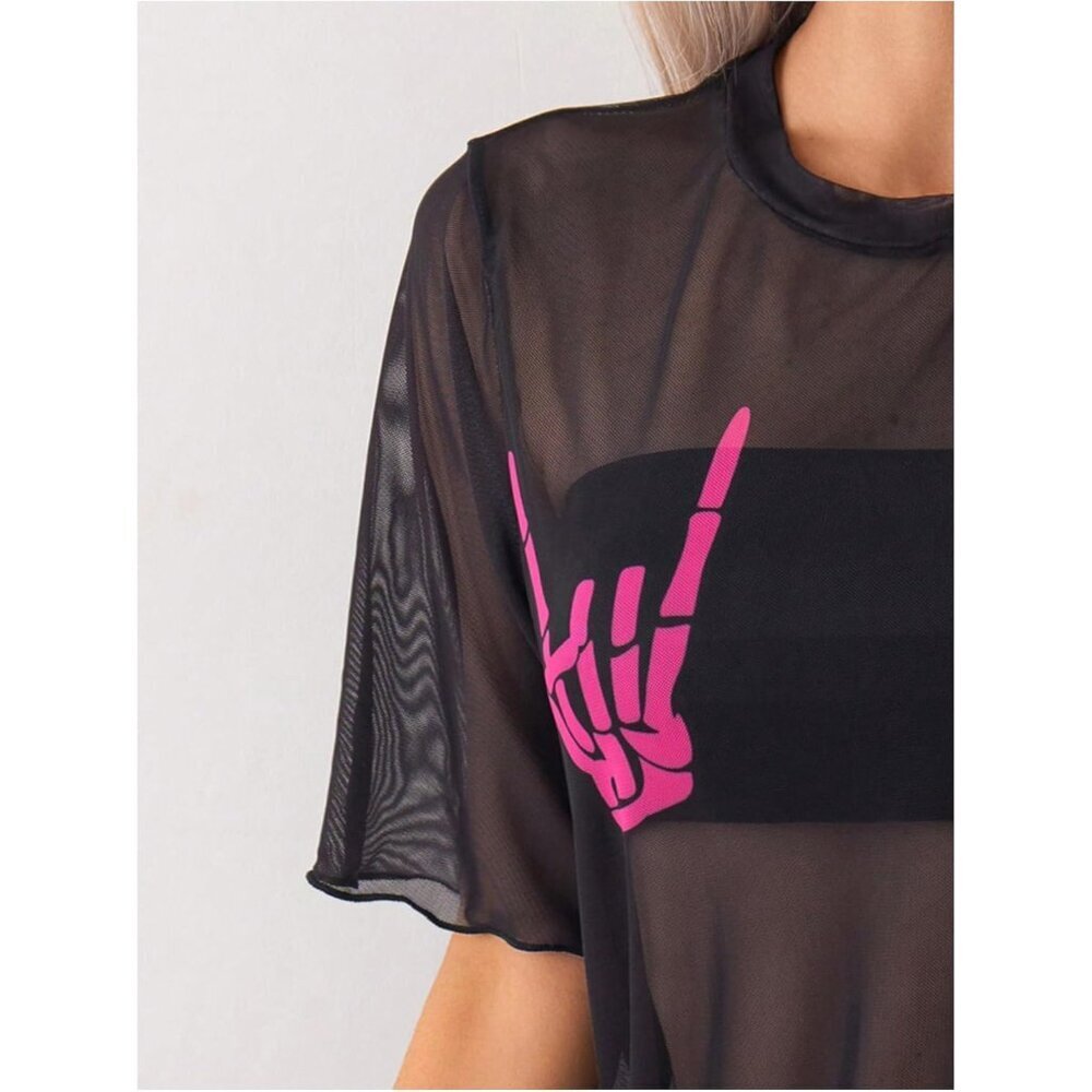 Women's Mesh Cover Up Swimsuit Top Sheer Skull Print Short Sleeve Beach Wear - Picture 4 of 5